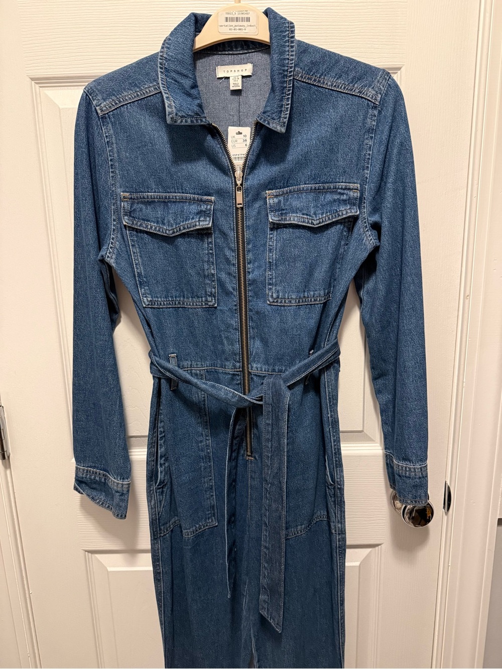 Topshop Denim Zip-Front Jumpsuit in Medium Blue